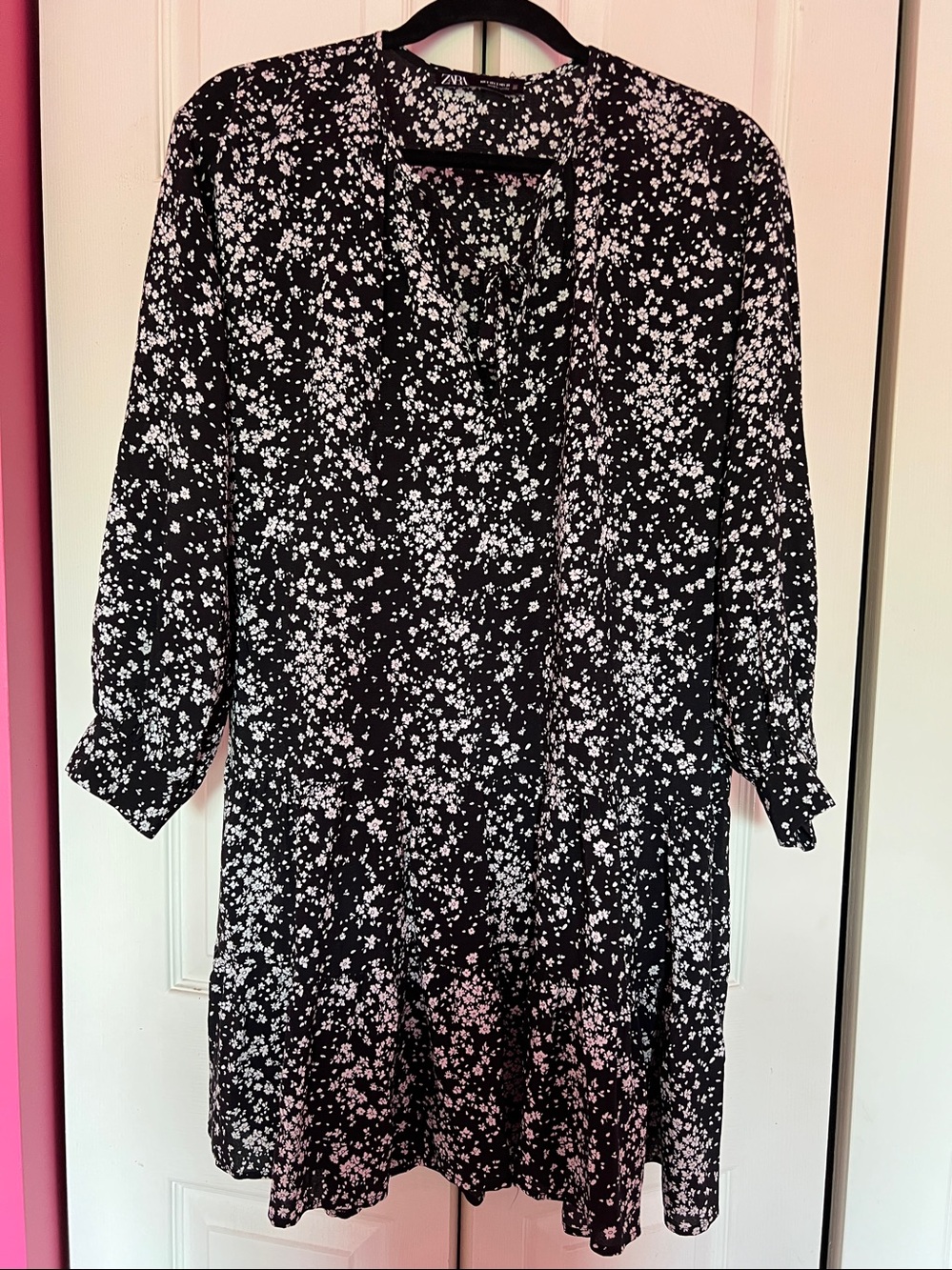 Zara Black Mini Dress with White Floral Print and Long Sleeves Size Small